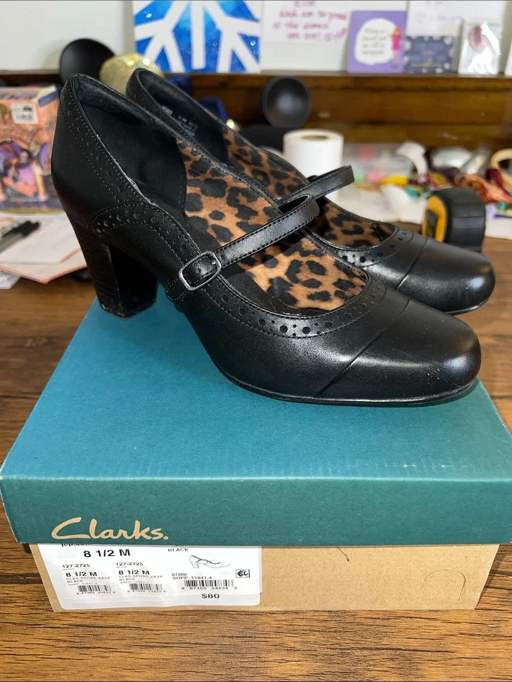 Clarks Women's Leather Black Mary Jane Heels- 8.5